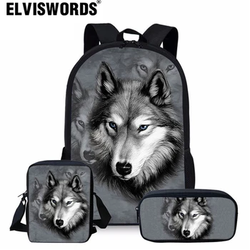 

ELVISWORDS 3PCS/Set Wolf Boys School Women Children Schoolbag Kids Satchel Women Travel Shoulder Bags Students Rucksack Moclila
