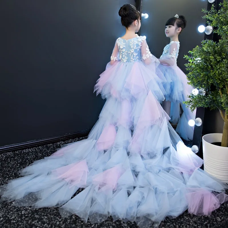 Kids First Communion Dresses Long Trailing Girls Dress Child Mermaid Long Tail Peacock Ball Gown For Wedding Evening Prom Party