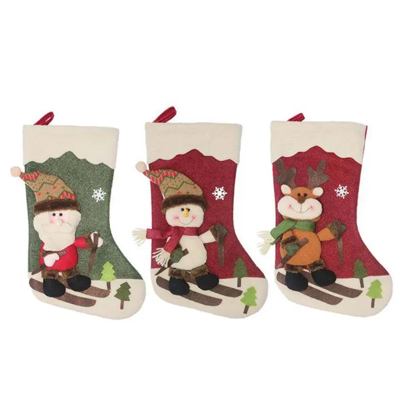 

3pcs/set Christmas Stockings for Family Large Plush Character 3D Reindeer Santa Claus Snowman Snowflake Design Hanging Bags