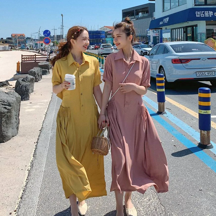 

Photo Shoot CHIC Summer of Pink And Long Fold-down Collar Single Breasted Pleated Pocket Back Cutout-Waist Big Hemline Full Body