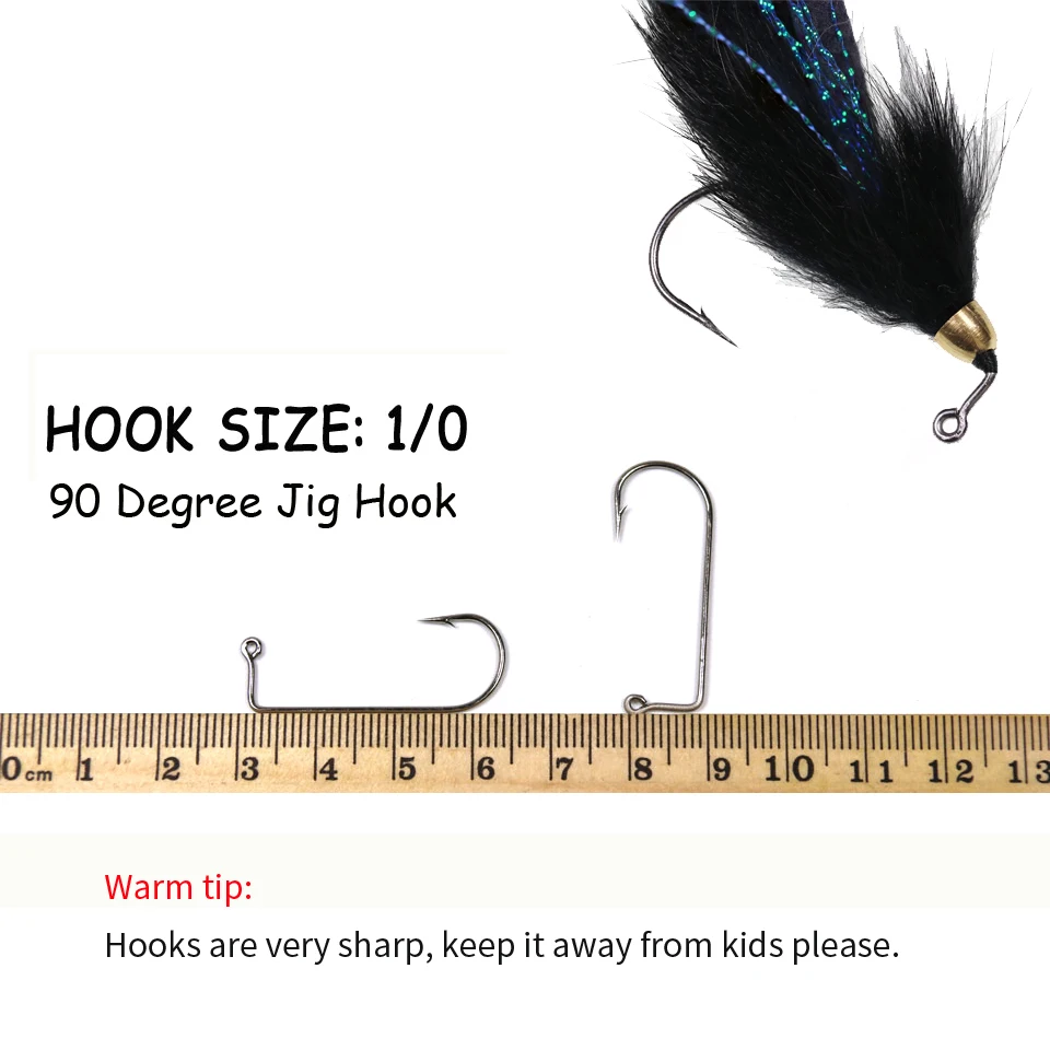 Wifreo 3pcs 90° Jig Hook Cone Copper Bead Head Pike Bass Streamer Fly Trout  Fishing Flies 1/0 Aberdeen Hook Fly Lure