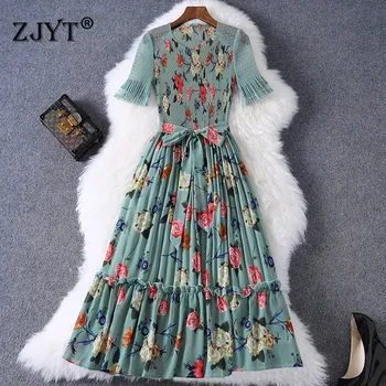 

Fashion Short Sleeve Summer Womens Clothing 2020 New Lady Elegant Floral Print Midi Mesh Patchwork Dress Casual