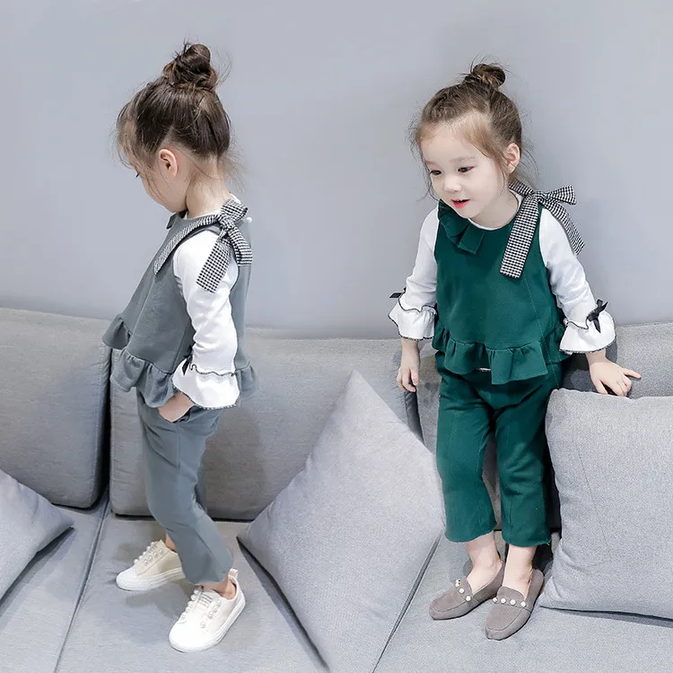 

2020 Spring Clothing New Style Korean-style Girls Frilled Sleeveless T-shirt + Boot-Cut Slim-Fit Pants Two-Piece Set Childrenswe