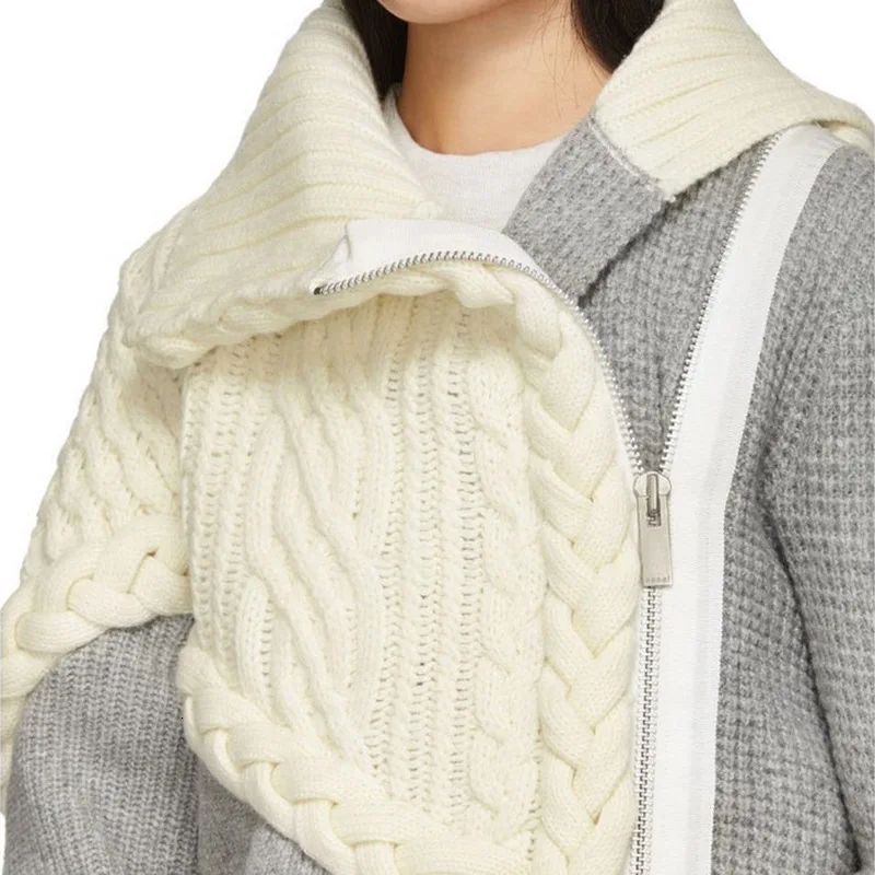Женский осень зима белый и серый лоскутный шерстяной женский свитер необычный воротник длинный рукав свитер на молнии