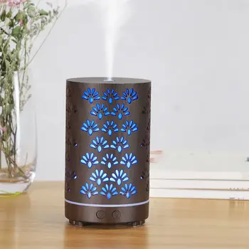 

200ml Mini Bamboo Wood Grain Aromatherapy Diffuser Hollow Floral Ultrasonic Humidifier Essential Oil Mist Maker with 7 Lights