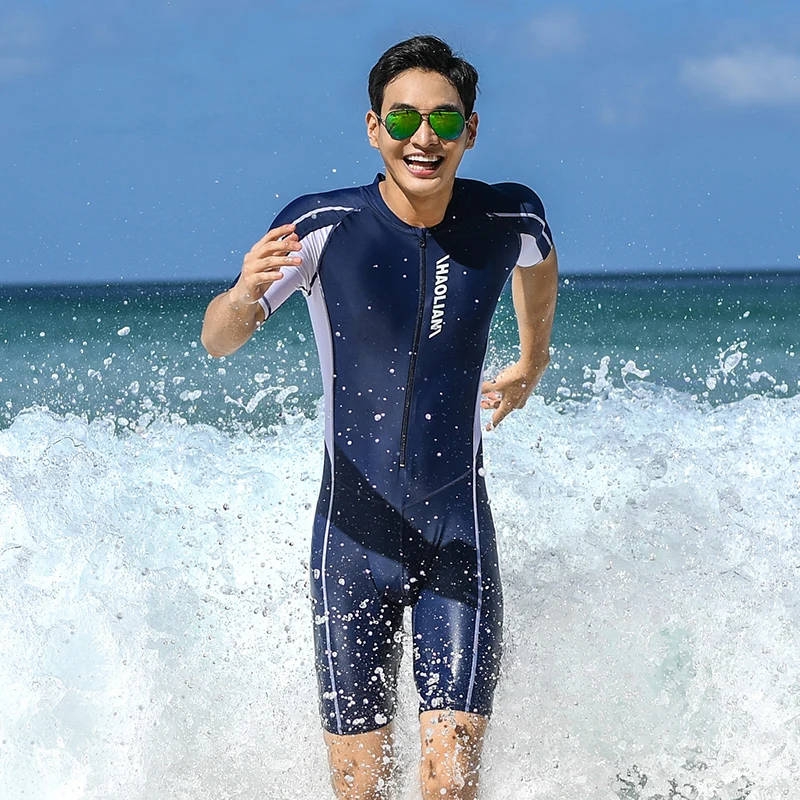 Maiô masculino de manga curta Rash Guard, trajes de mergulho grátis, roupa de banho, zíper frontal, mergulho, surfe, plus size