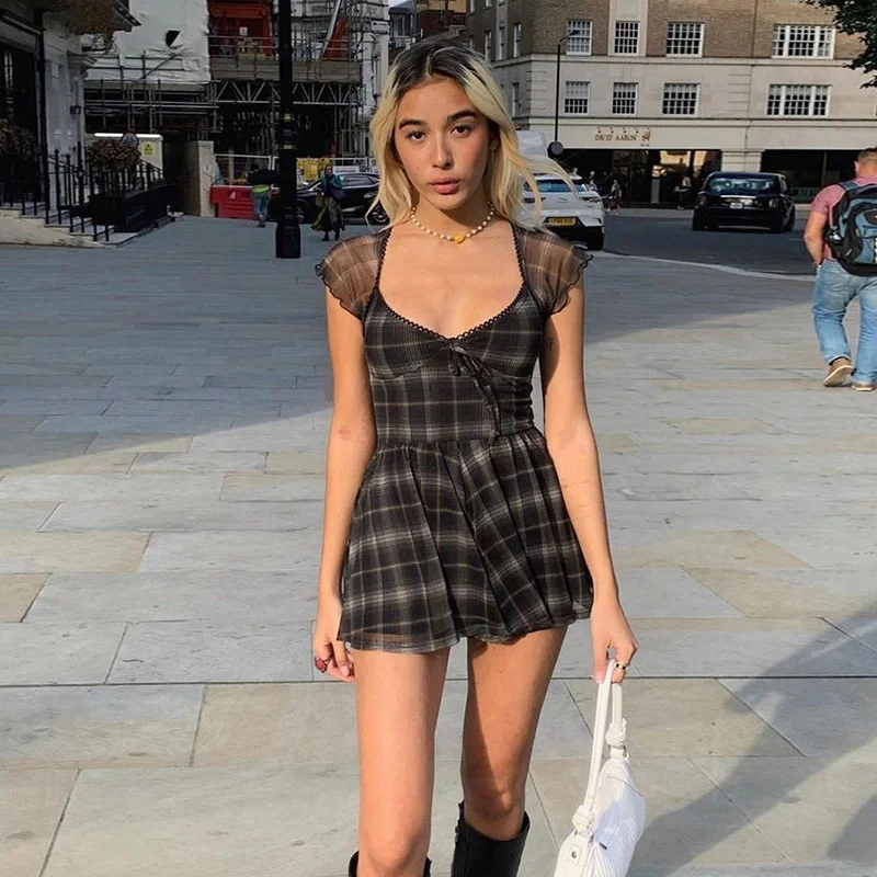 Summer Plaid Print Mini Dress Women Vintage Streetwear A-Line V Neck Short Sleeve Dresses Casual Sexy Lace Slim 2021 | Женская одежда