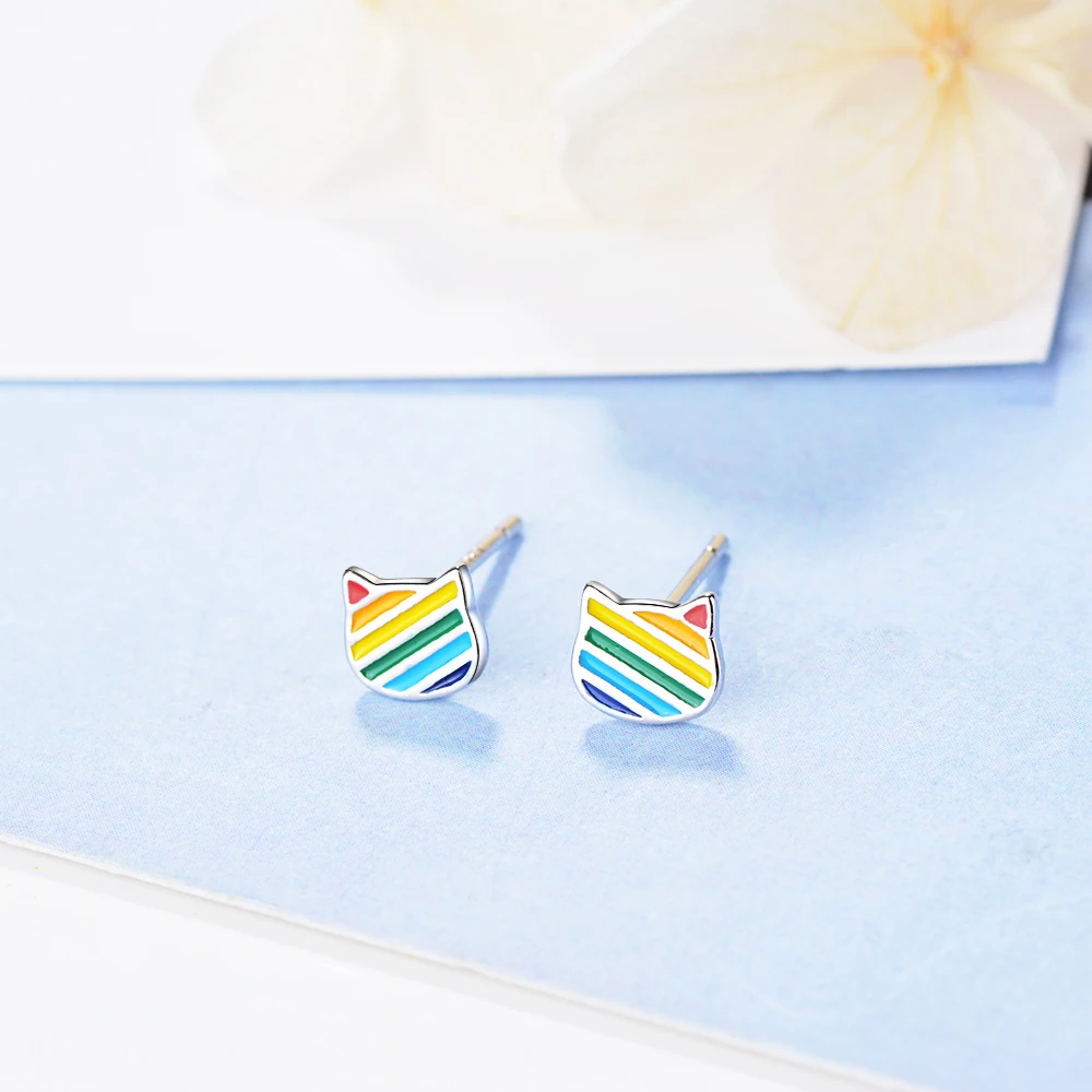 Индивидуальные серьги-гвоздики в форме кошки цвета радуги, 925 пробы серебряные серьги для женщин, подарок для девушек, S-E645