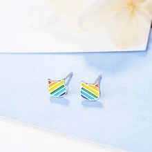 Индивидуальные серьги-гвоздики в форме кошки цвета радуги, 925 пробы серебряные серьги для женщин, подарок для девушек, S-E645