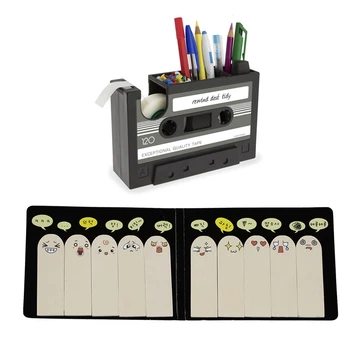 

200 Pages Adhesive Paper Sticker Bookmark Memo Sticky Note Pad New with Cassette Tape Dispenser Pen Holder (Black)