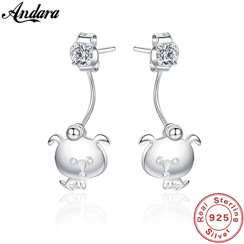 

100% 925 Sterling Silver Minimalist Cute Dog Stud Earrings with Clear CZ Zircon Small Earrings Woman Girl Birthday Gift