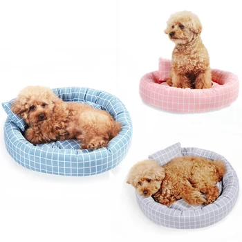 

Round Puppy Kennel Cat Bed House Plaid Cotton Cushion Mat with Pillow Small Dogs Cats Nest