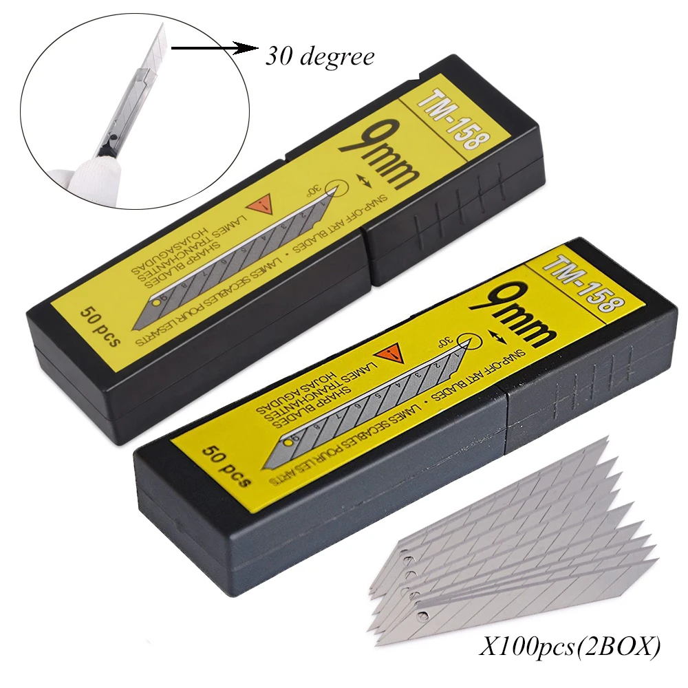 FOSHIO 100PCS 9mm Carbon Steel Blades 30 Degree Auto Window Tint Decals Cutting Tools Vinyl Car Wrapping Paper Art Knife Cutter vinyl wrap film