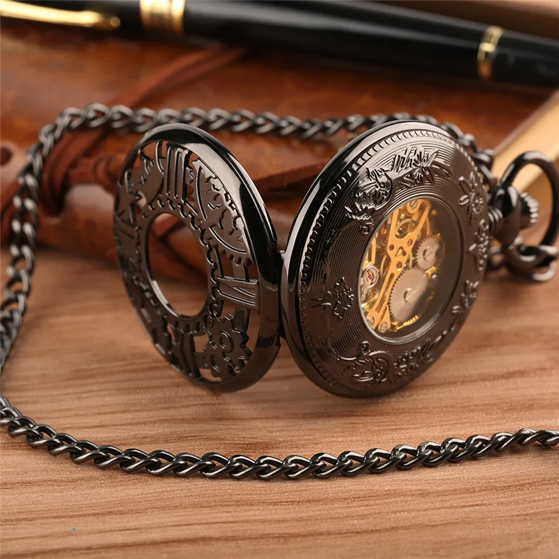 Steampunk Hollow Gear Case Men Women Handwinding Mechanical Pocket Watch Pendant Chain Skeleton Clock Roman Number Half Hunter
