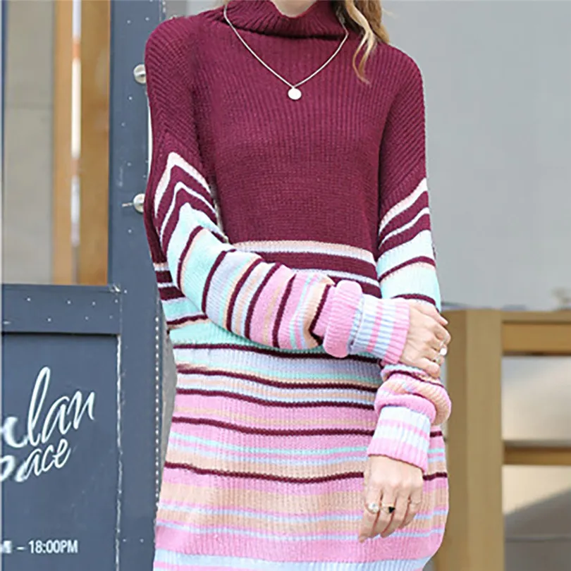 Turtleneck Women's Sweater Dress Long Sleeve Sweater Kintted Striped Pullover Slim Winter Pull Femme Nouveaute 40OCT167