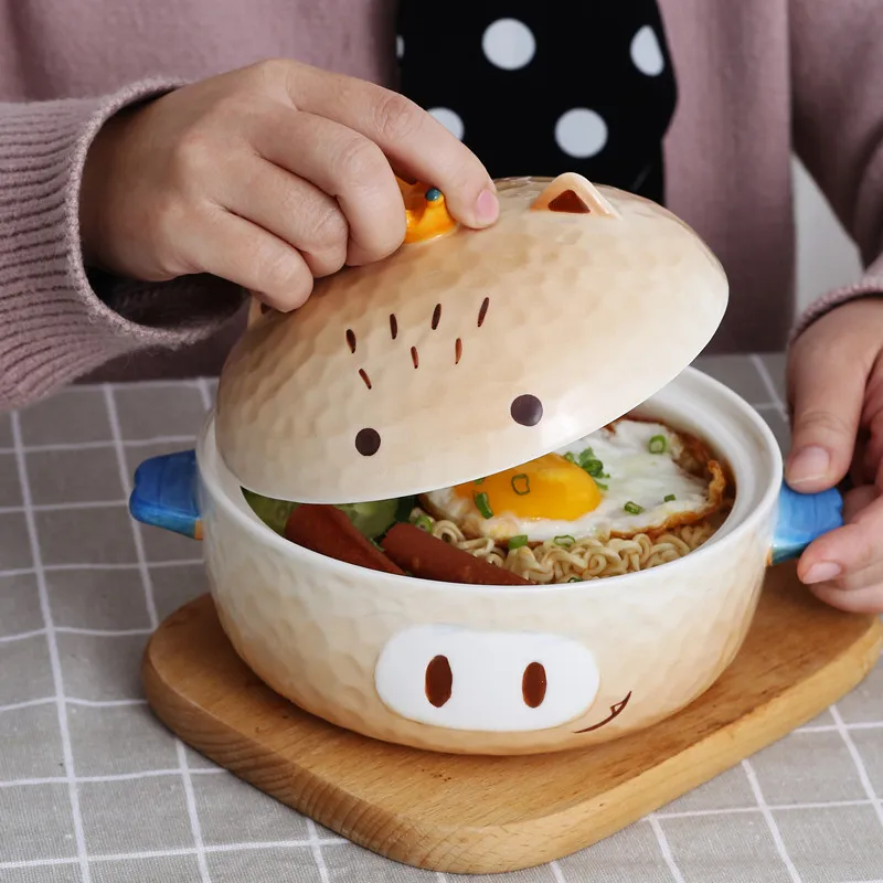 

800ml Creative Pig Ceramics Bowl With Lid Salad Ramen Soup Rice Tableware Bowls Kids Food Container Instant Noodles For Kitchen