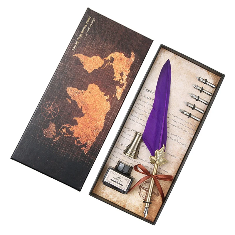 Античный винтажный перо Dip Ручка и набор чернил Редкие канцелярские принадлежности подарок прочный - Цвет: Purple