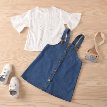 

New Fashion Kids Girl's Shoulder Strap Single Breasted Denim Skirt + Pure White Lace Flared Sleeve T-shirt
