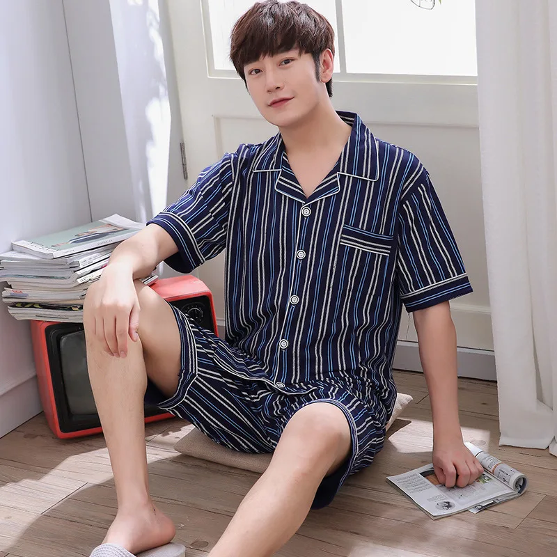 

Pure Cotton MEN'S Cardigan Fold-down Collar Purplish Blue Vertical Striped Pajamas Suit Summer Top Grade Dial Printed Fade Home