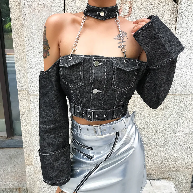 

YYXZ Autumn Jacket Fashion Patchwork Chain Long Sleeve Turtleneck Halter SML Woman Casual Short Denim Jacket Crop Top Streetwear