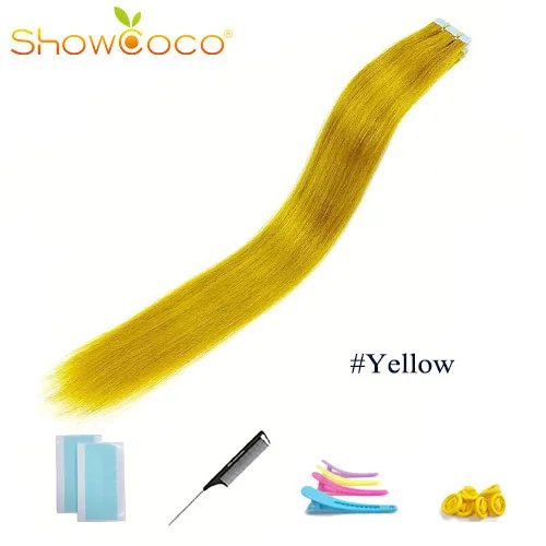 Yellow -20 Pcs ShowCoco лента в Пряди человеческих волос для наращивания натурального волос 20/40 шт, смешанные цвета, Цвет горячие головы для наращивания блеск коричневого до блондинка ленточных накопителей - Цвет: Yellow -20 Pcs