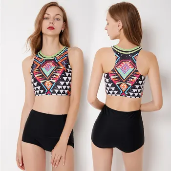 

Sexy Bikini Split Female Swimsuit Sports Fitness Diving Spa Suit High Waist Print Waist Slimming Swimsuit 2020 Summer New
