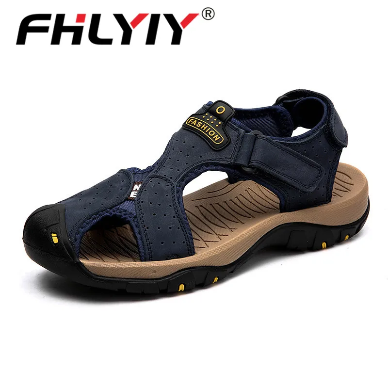 Blue 61 Fhlyiy/Новинка года; брендовая мужская обувь; мужские сандалии из натуральной кожи; Летняя мужская обувь; пляжные сандалии; мужские модные уличные повседневные кроссовки - Цвет: Blue 61