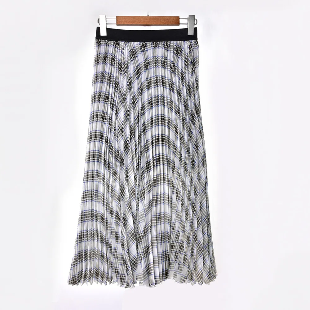 

19 Grid Printing Elastic Waist Long Pleated Half Body Skirt 93178