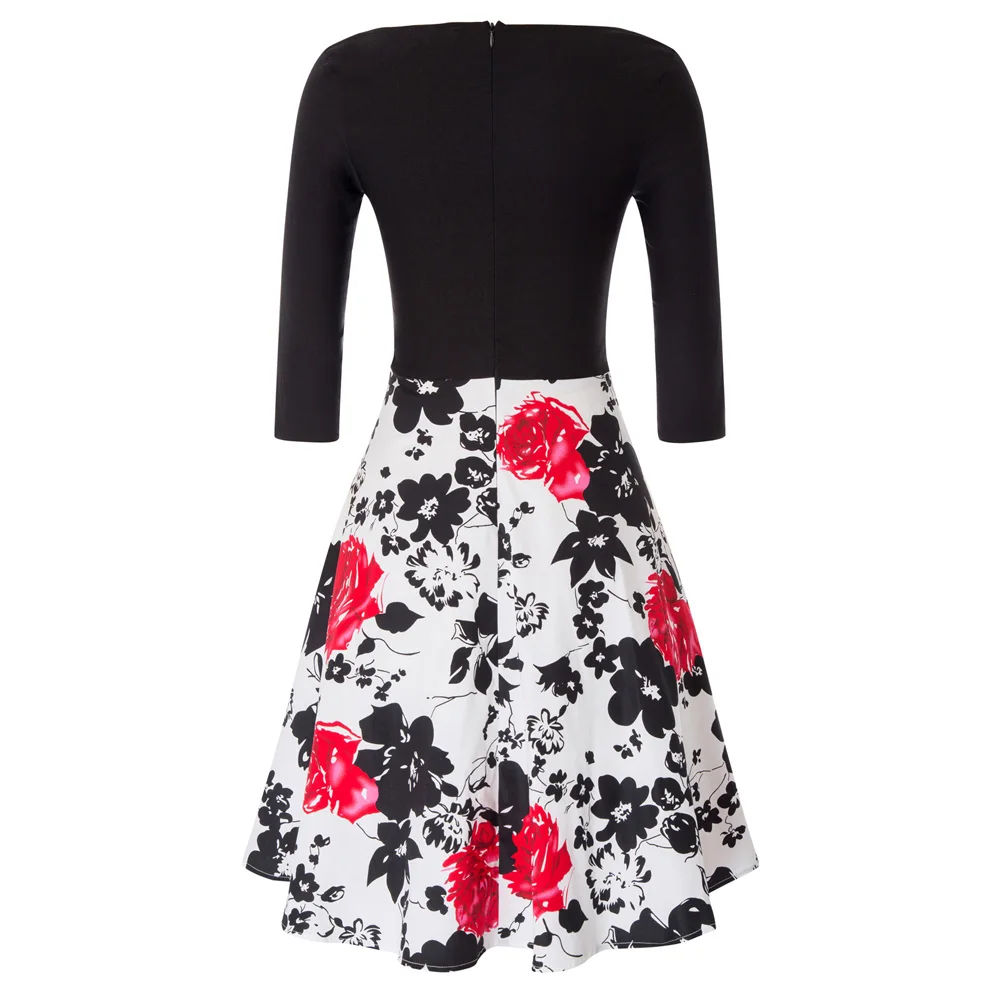 Women's dress summer fall fashion pleated swing Floral Patchwork Dress 3/4 Sleeve Square Neck Vintage A-Line knee-length dresses