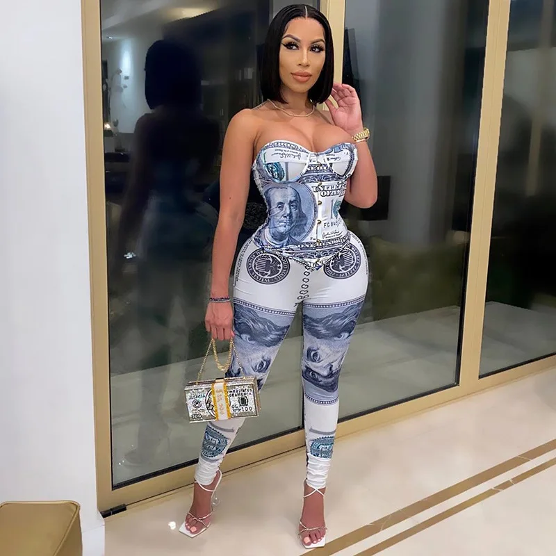 

Sexy Sleeveless Strapless Money USD Print Jumpsuit Fitness Stretch Club Outfits Streetwear Party Night Playsuit Overalls New