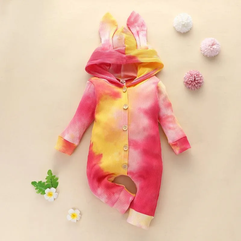 

Baby Girl Boys Clothes Jumpsuit For Toddler Cotton Tie-Dye Rabbit Ears Hooded Christmas Romper Ropa Bebe боди для новоѬожденн
