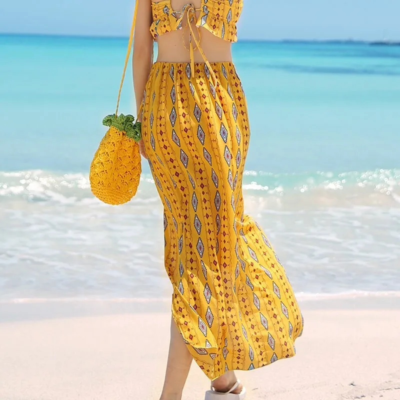 

South Korea Couples Bathing Suit Women's Split Type-Exposed Back Long Skirts Beach High-waisted Belly Covering Halter Three-piec