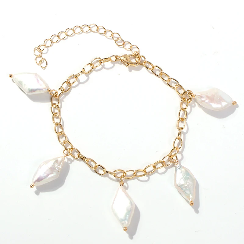 

Europe Natural Pearl Pendant Bracelets Bangles Gold Color Link Chain Pearl Charm Bracelet For Women Girl Party Wedding Jewelry
