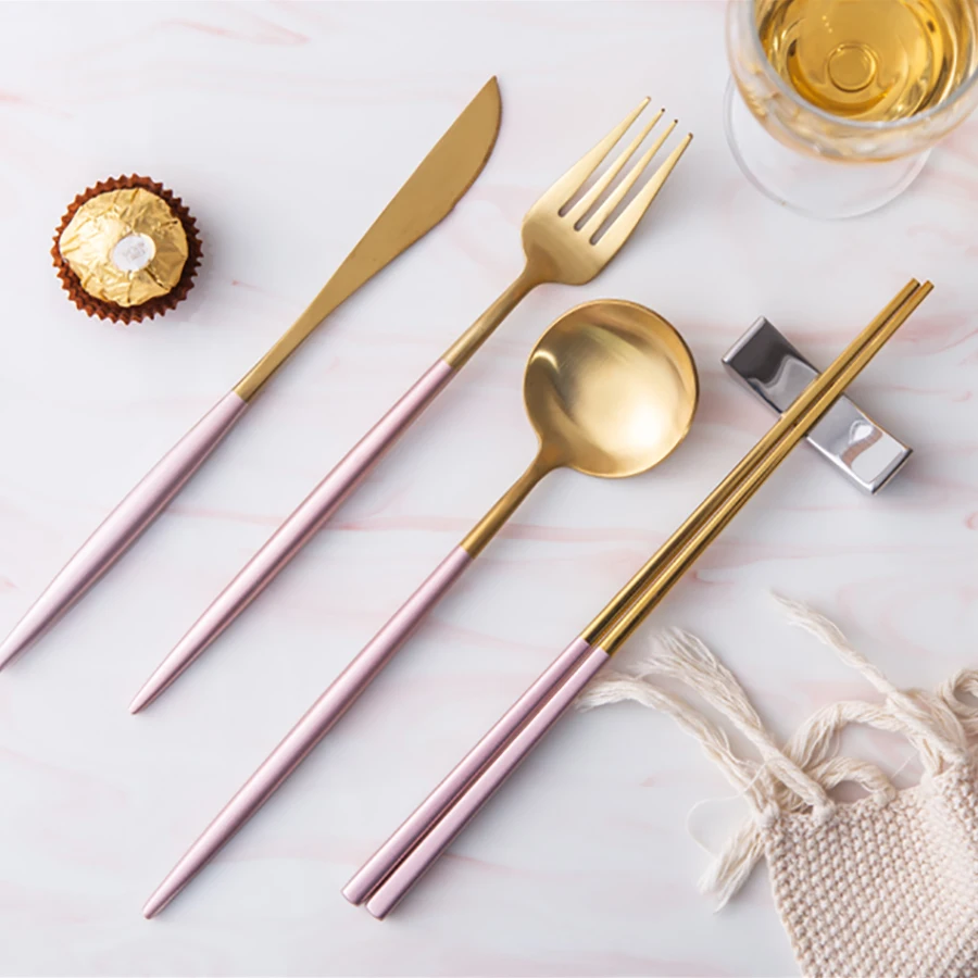 Столовая ложка Flatware нержавеющая сталь Розовое золото кухонная вилка ложка нож набор черных столовых приборов Cuilleres a кафе дома 60F010