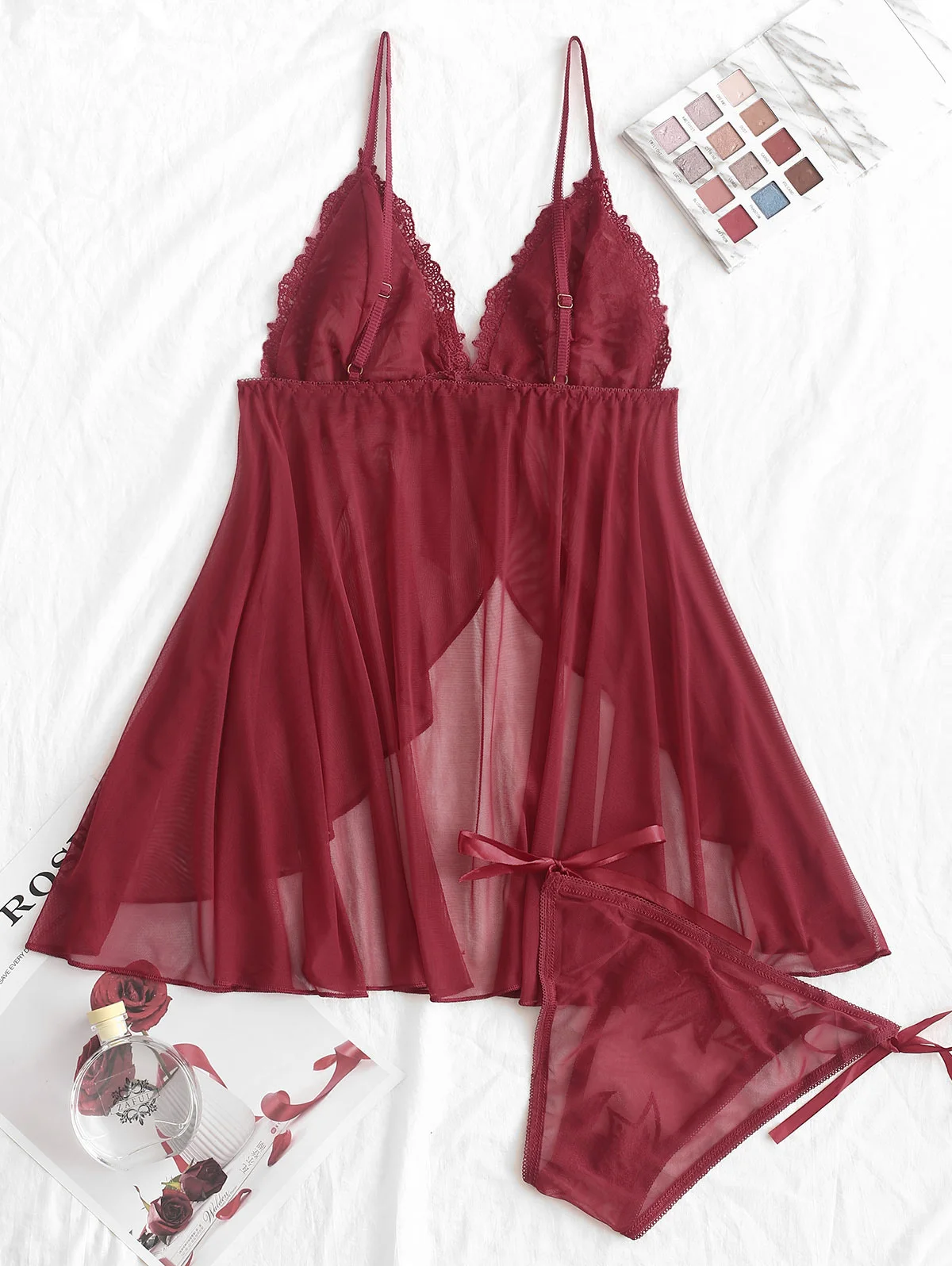 ZAFUL сетка лист вышитые нижнее белье с бантами Babydoll для женщин Спагетти ремень сексуальная пижама комплект пижамы Женская одежда для сна