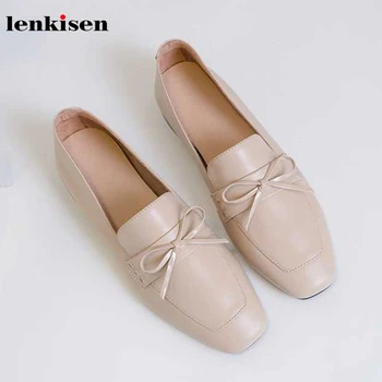 

Lenkisen full grain leather butterfly-knot square toe low heels slip on solid daily wear lady dating cozy autumn women pumps L78