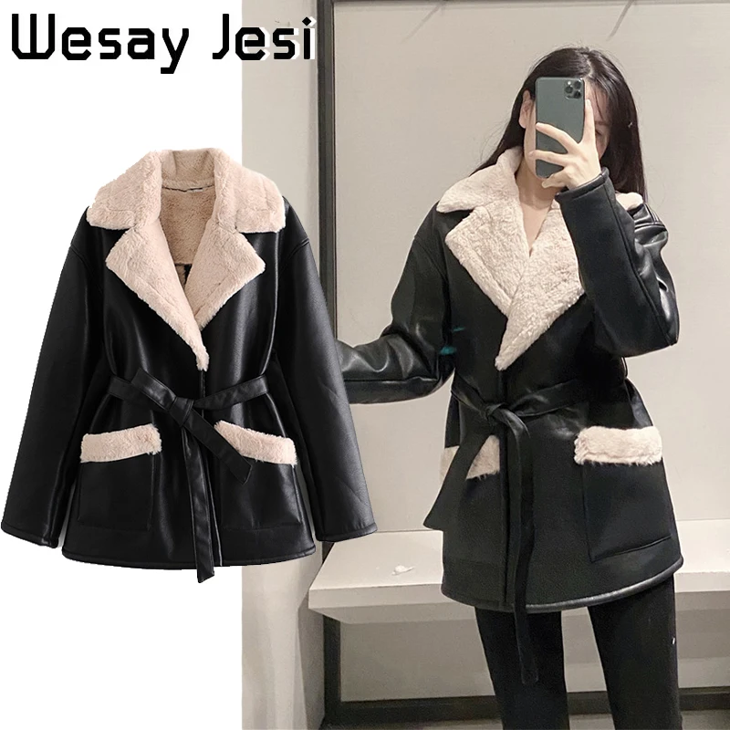 

Fashion Autumn And Winter 2020 Leather Women's Jacket Suit Lapel Black Plush Inner Belt Waist Plush Pocket Decorative Jacket