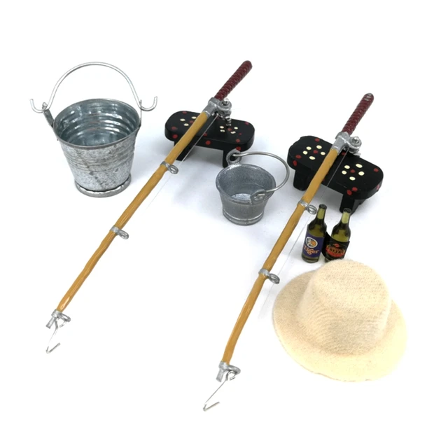 Creative New 1/12 Dollhouse Miniature Fishing Rod Hat Bucket Stool