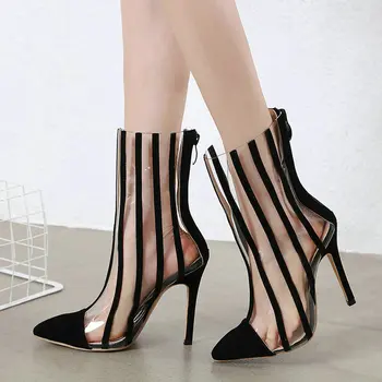 

2020 Transparent Woman Spring Autumn Boots Fashion Pointed Toe Thin High Heel Women Ankle Boots Back Zipper Women Sexy Shoes