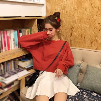 

Autumn Women's Korean T-shirt Long Sleeve Harajuku College Entrance Examination Pure Color Loose O-Neck Street Wear Black And Wh