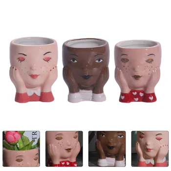

3pcs Mini Face Shape Ceramic Flower Planter Flower Holder Flower Vase Fleshy Flower Pot for Home