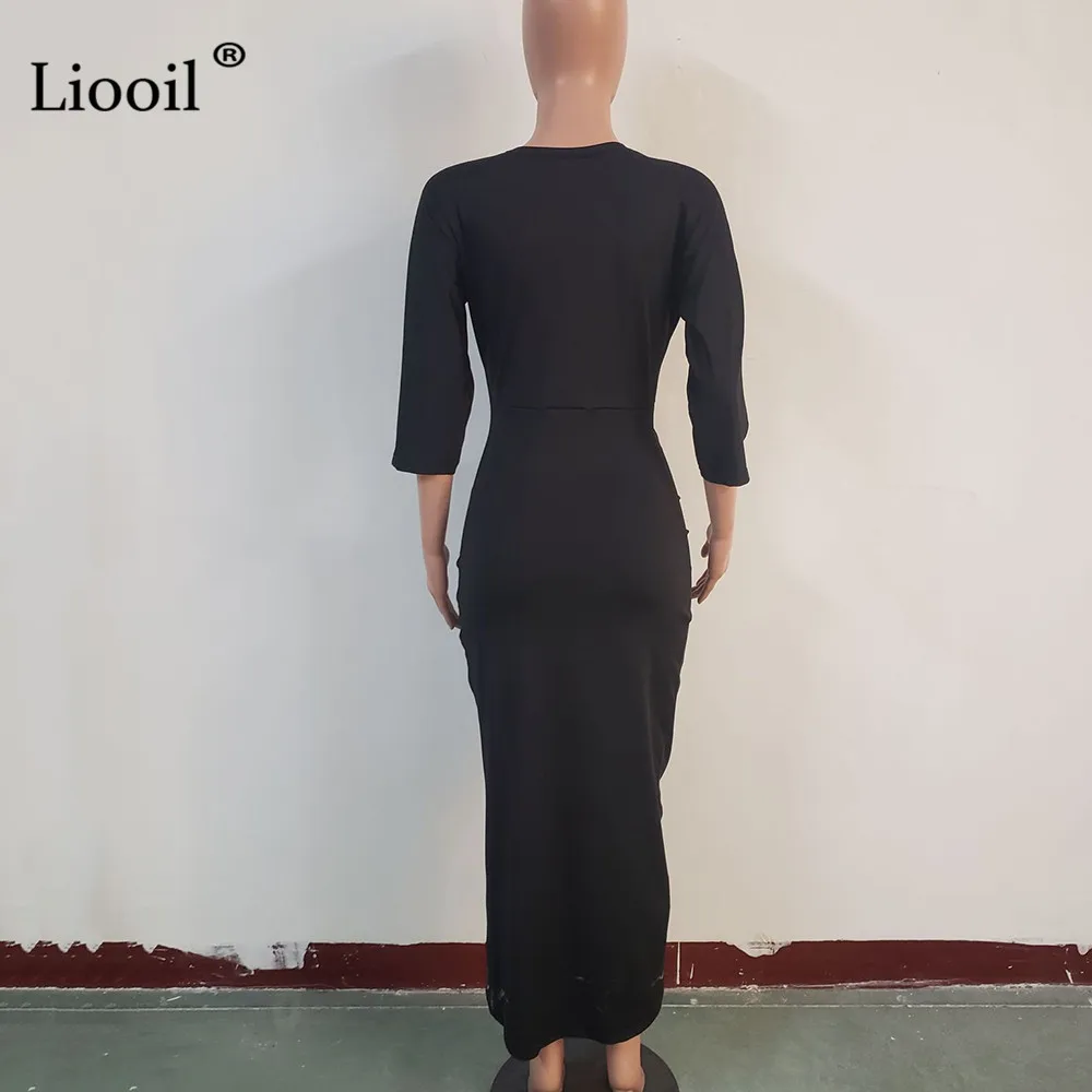 Liooil, сексуальное, с рюшами, облегающее, миди платье, женское, семь четверти, рукав, v-образный вырез, черный, белый, неровный подол, обтягивающее, для ночного клуба, вечерние платья