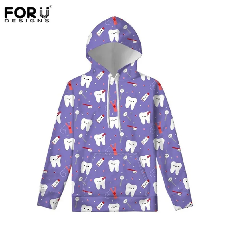 FORUDESIGNS Kawaii Cute Cartoon Teeth Hoodies for Women Hooded Sweatshirt pullover Outwear Winter Warm Fashion Hoody Clothes