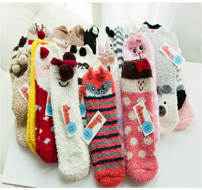 Cute Animal Design Christmas Socks 3D Fluffy Coral Velvet Thick Warm Winter Sock for Women New Year Gift Sox with Box