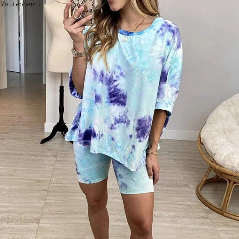 

Womens Casual Tie-dye Gradient Two Piece Outfits Tracksuit Half Sleeve Top and Shorts Suits Summer 2pcs Matching Set Lounge Wear