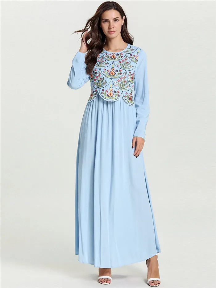 Синее длинное платье с драпировкой, элегантное этническое Платье макси с цветочной вышивкой, повседневная одежда для Рамадана, новинка