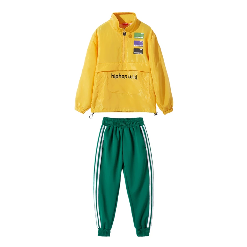 New Hiphop Kids Dance Costumes Children Yellow Tops+Green pant Drum T Stage Show Clothes Children's Street Dance Clothing BL1964 - Цвет: Tops And Pant