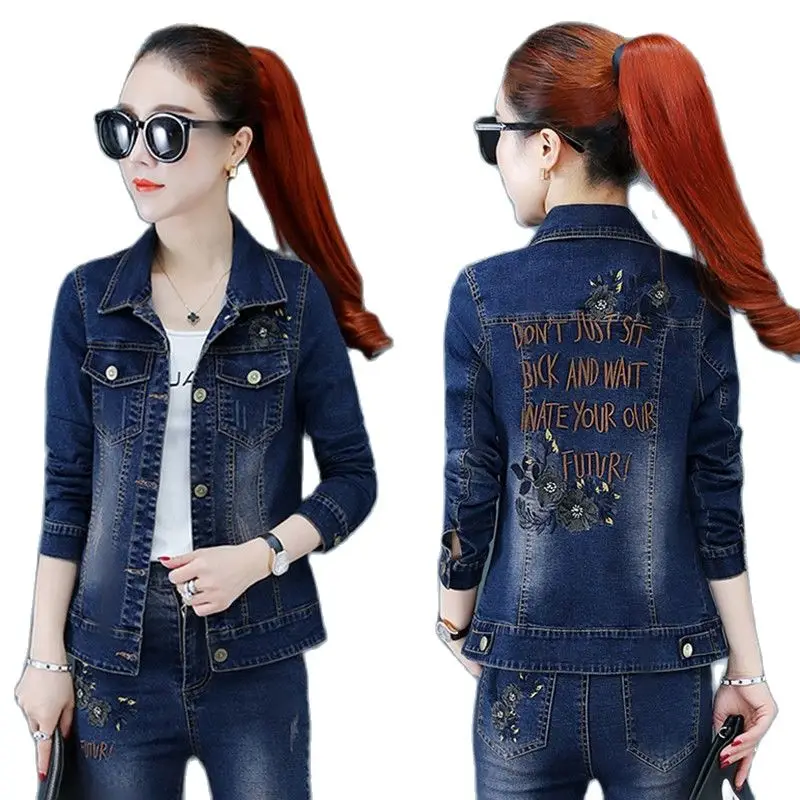 Women Denim Set 2021 New Ladies Autumn Cowboy Pants 2 Piece Lady Embroidery Top+High Jeans 2PCS Two B |