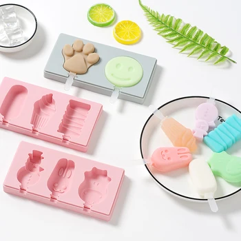 

Silicone Ice Cream Mold With Cover DIY Cartoon Shape Ice Lolly Moulds Ice Cube Tray For Animals Shape Jelly Kitchen Tools