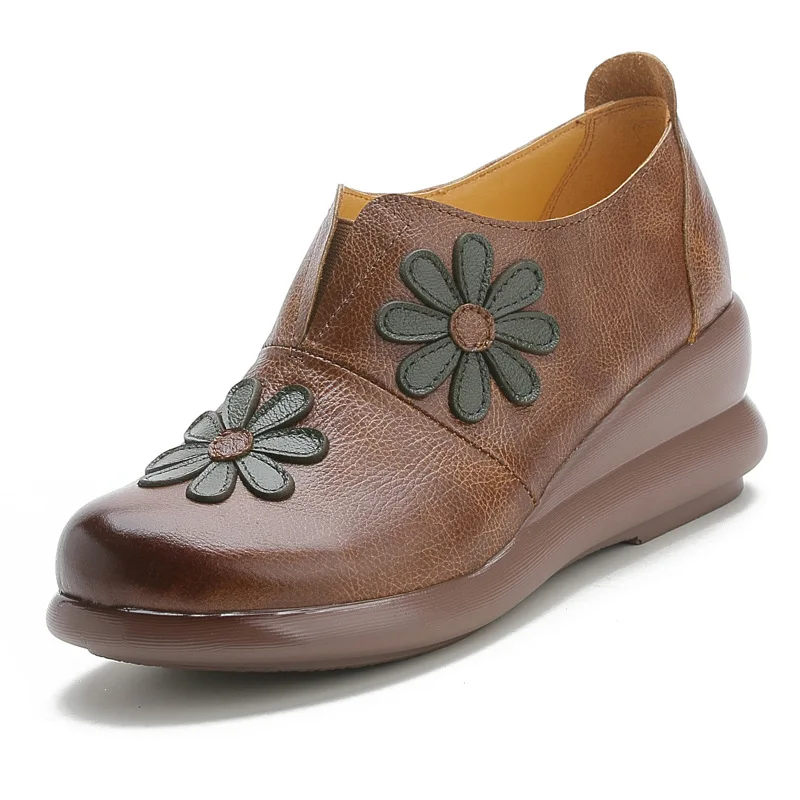 Fashion Flower Soft Bottom Design Round Toe Platform Wedges Shoes Vintage Genuine Leather Women Loafers 2020 | Обувь